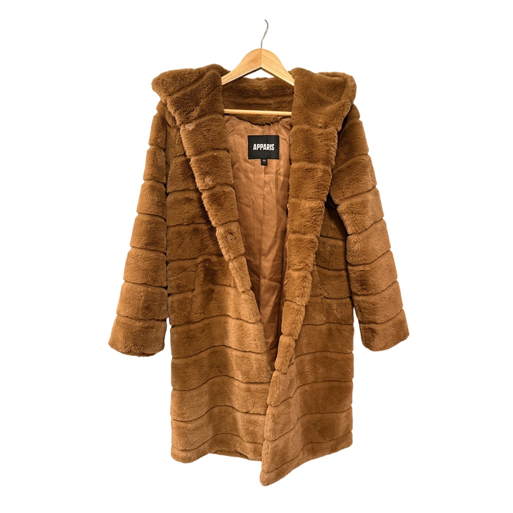 Anthropologie Apparis XS Faux Fur Celina Jacket $360 Hooded Long Mink Coat Camel - Picture 3 of 15